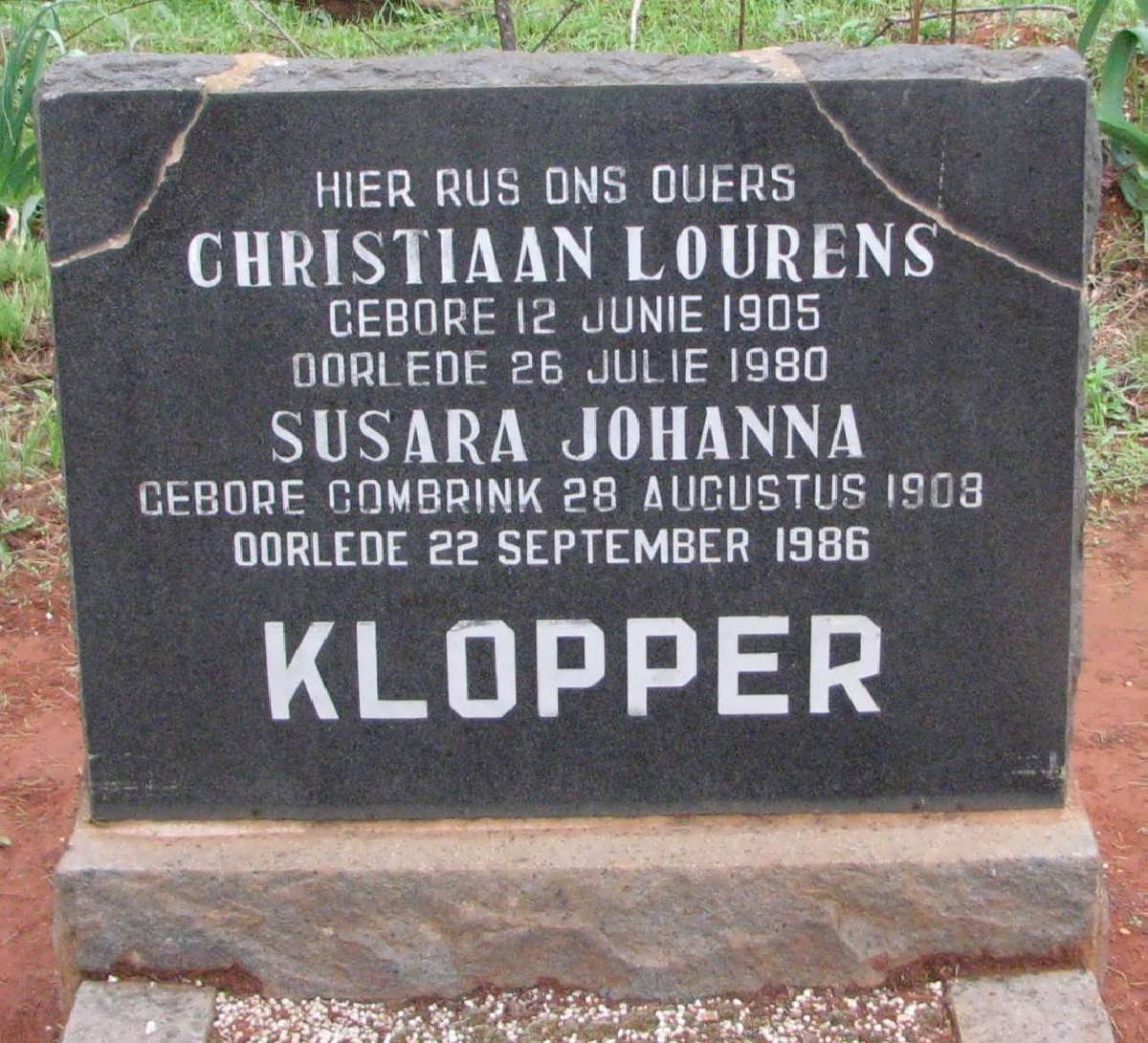 KLOPPER Christiaan Lourens 1905-1980 &amp; Susara Johanna COMBRINK 1908-1986