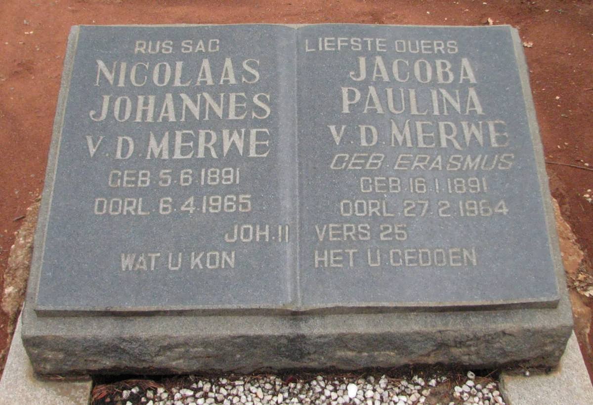 MERWE Nicolaas Johannes, v.d. 1891-1965 &amp; Jacoba Paulina ERASMUS 1891-1964