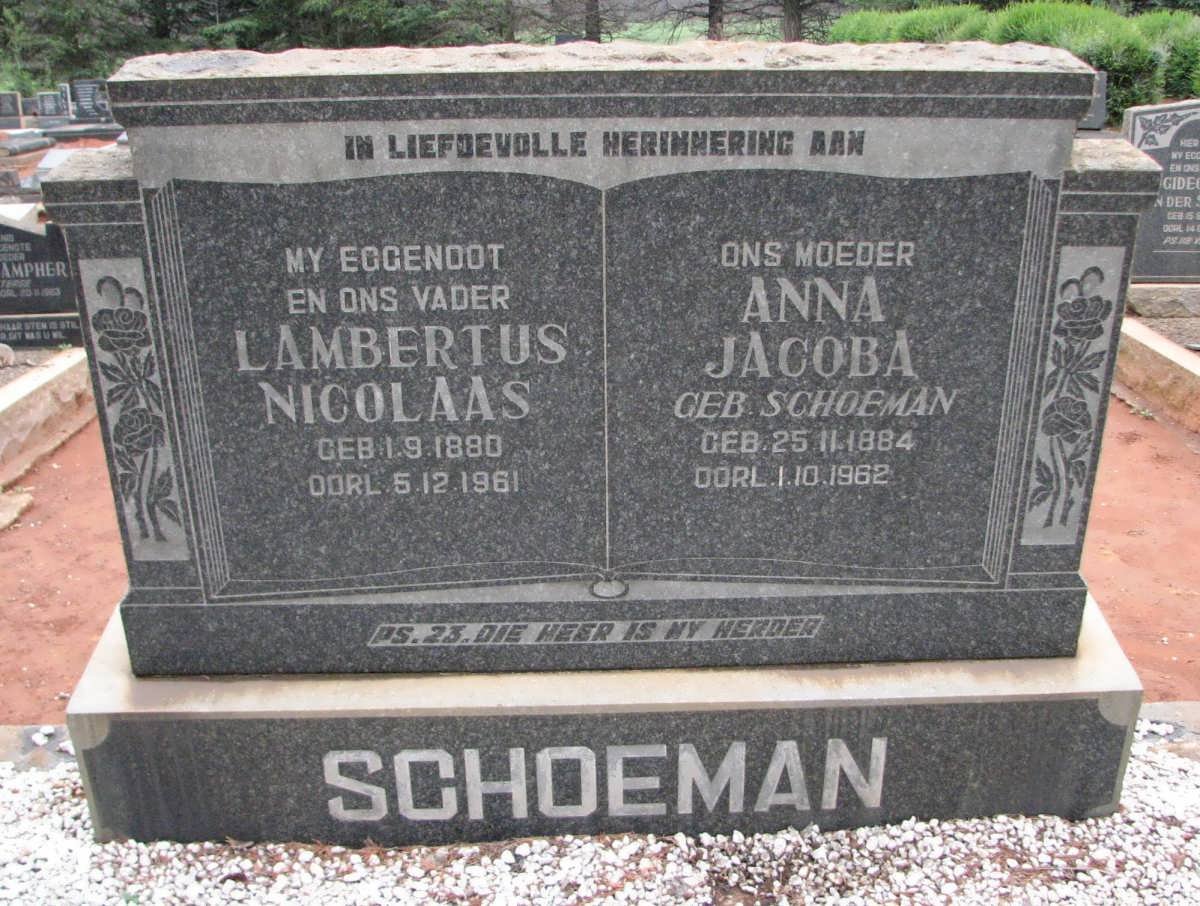 SCHOEMAN Lambertus Nicolaas 1880-1961 &amp; Anna Jacoba SCHOEMAN 1884-1962