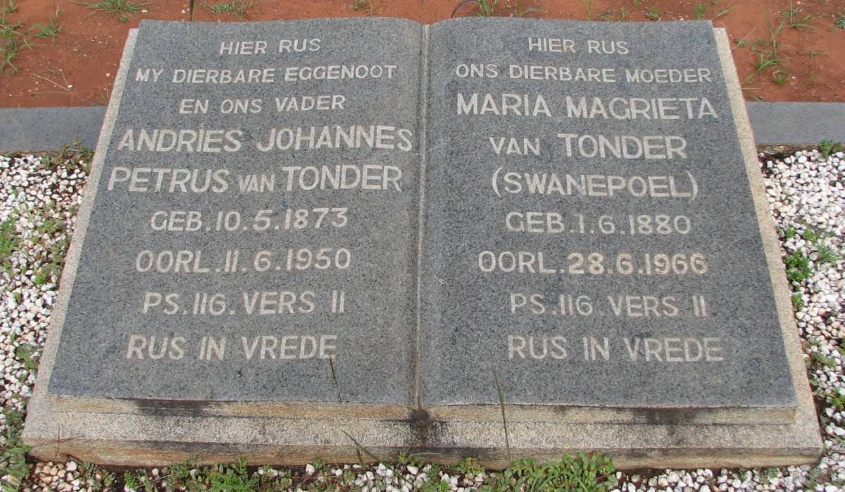 TONDER Andries Johannes Petrus, van 1873-1950 &amp; Maria Magrieta SWANEPOEL 1880-1966