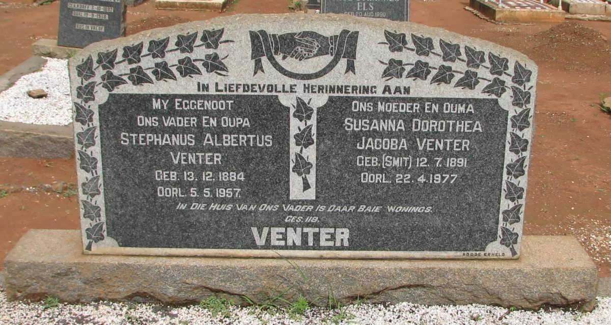 VENTER Stephanus Albertus 1884-1957 &amp; Susanna Dorothea Jacoba SMIT 1891-1977