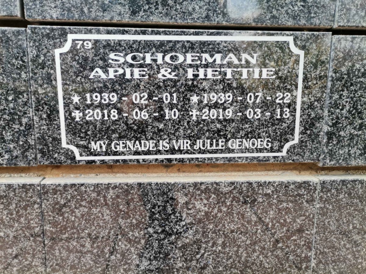 SCHOEMAN Apie 1939-2018 &amp; Hettie 1939-2019