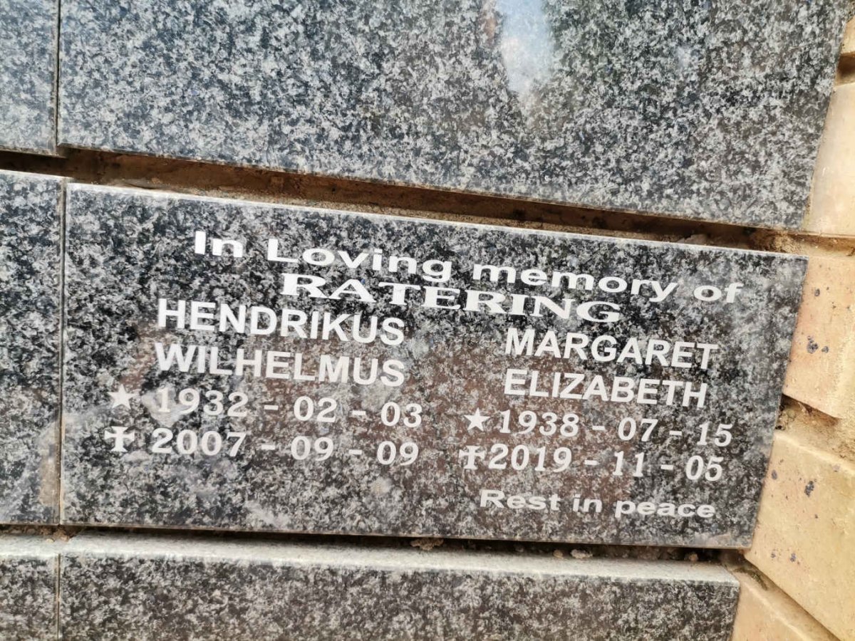 RATERING Hendrikus Wilhelmus 1932-2007 &amp; Margaret Elizabeth 1938-2019
