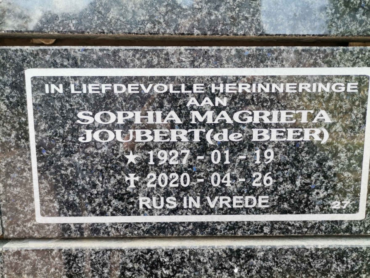 JOUBERT Sophia Magrieta nee DE BEER 1927-2020