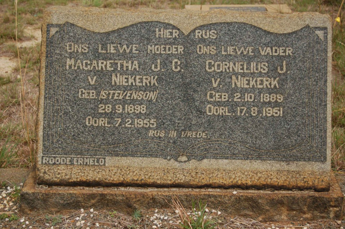NIEKERK Cornelius J., v. 1889-1951 &amp; Magaretha J.C. STEVENSON 1898-1955