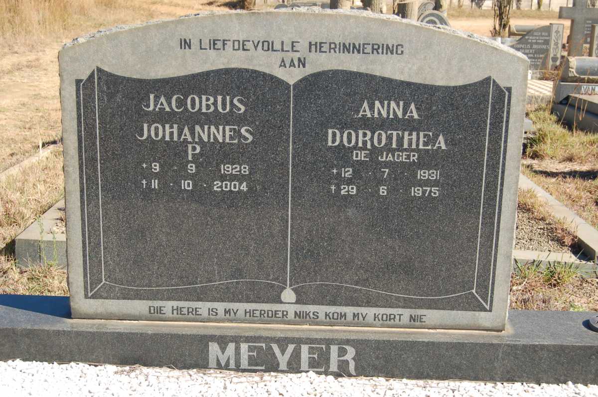 MEYER Jacobus Johannes P. 1928-2004 &amp; Anna Dorothea DE JAGER 1931-1975