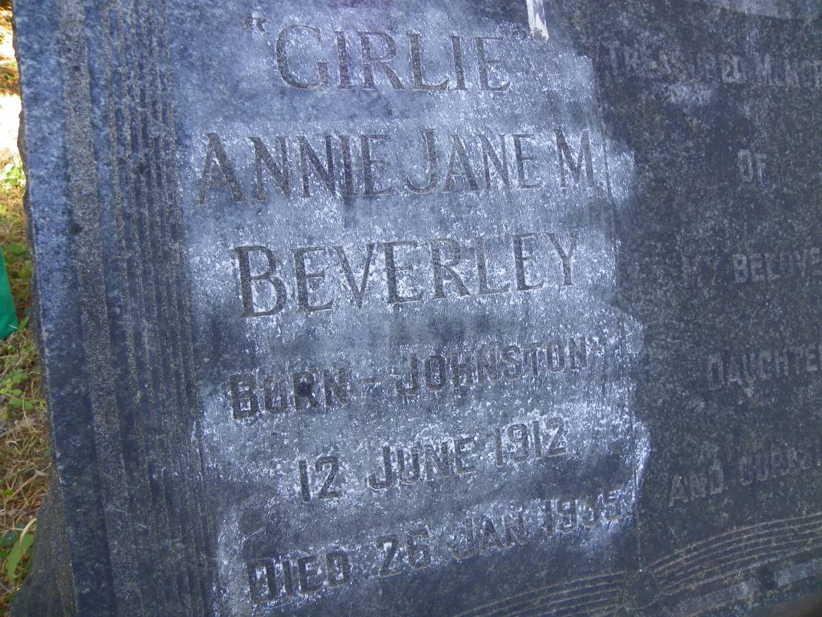 BEVERLEY Girlie Annie Jane M. nee JOHNSTON 1912-1935