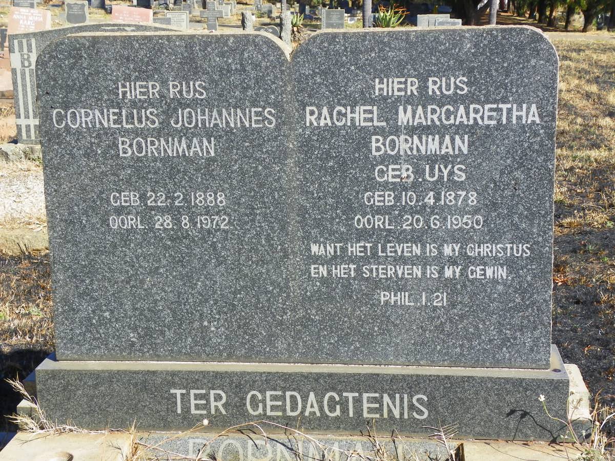 BORNMAN Cornelus Johannes 1888-1972 &amp; Rachel Margaretha UYS 1878-1950
