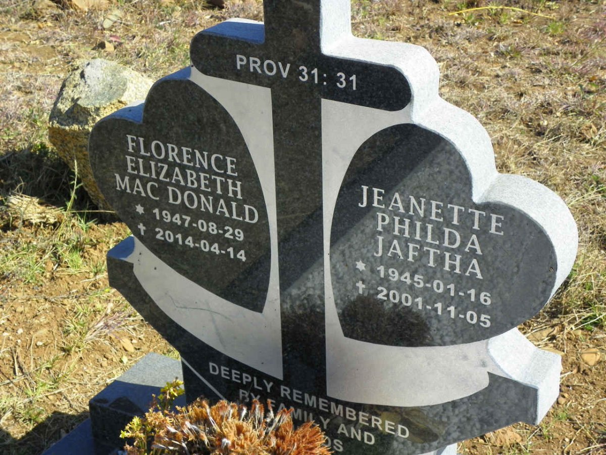 JAFTHA Jeanette Philda 1945-2001 :: MACDONALD Florence Elizabeth 1947-2014