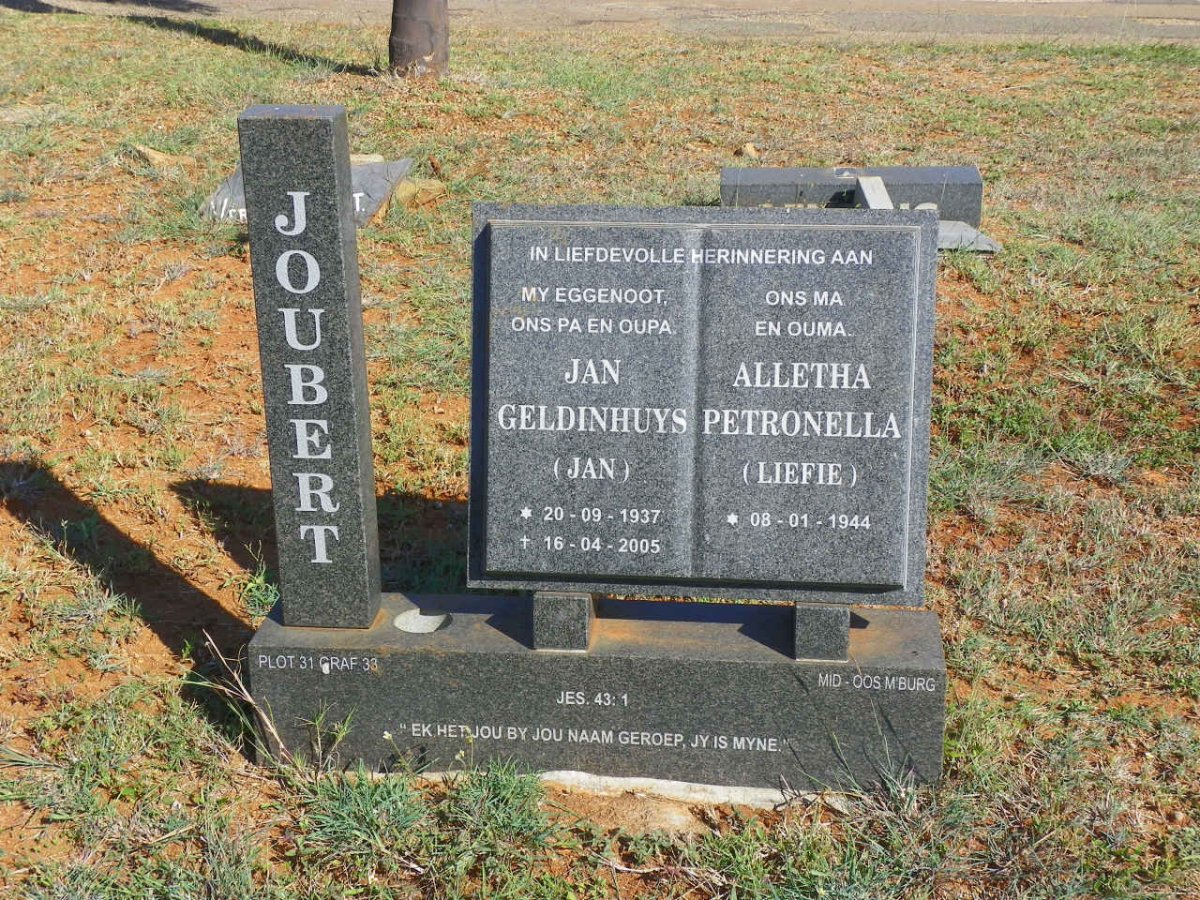 JOUBERT Jan Geldinhuys 1937-2005 &amp; Alletha Petronella 1944-
