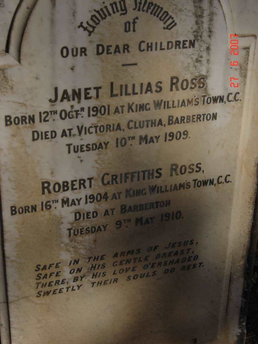 ROSS Janet Lillias 1901-1909 :: ROSS Robert Griffiths 1904-1910
