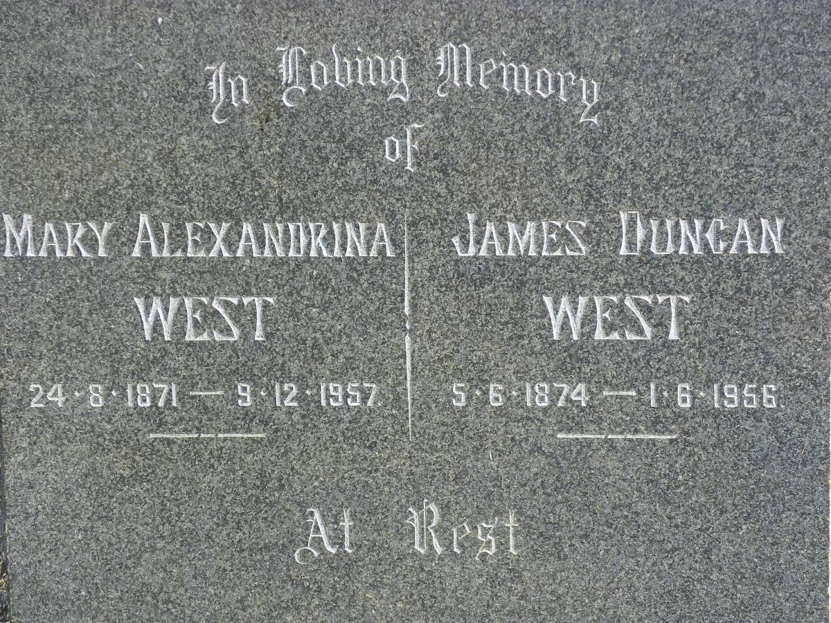 WEST James Duncan 1874-1956 &amp; Mary Alexandrina 1871-1957