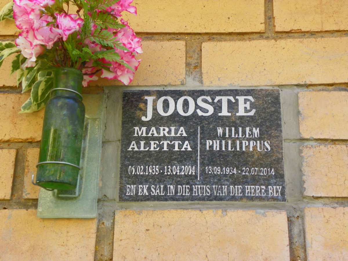 JOOSTE Willem Philippus 1934-2014 &amp; Maria Aletta 1935-2004
