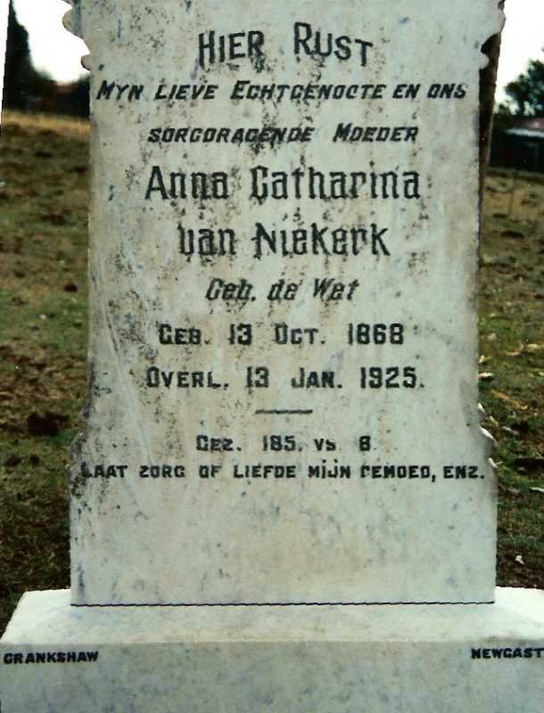NIEKERK Anna Catharina, van nee DE WET 1868-1925