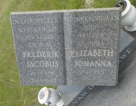 MERWE Frederik Jacobus, van der 1941-198? &amp; Elizabeth Johanna 1945-