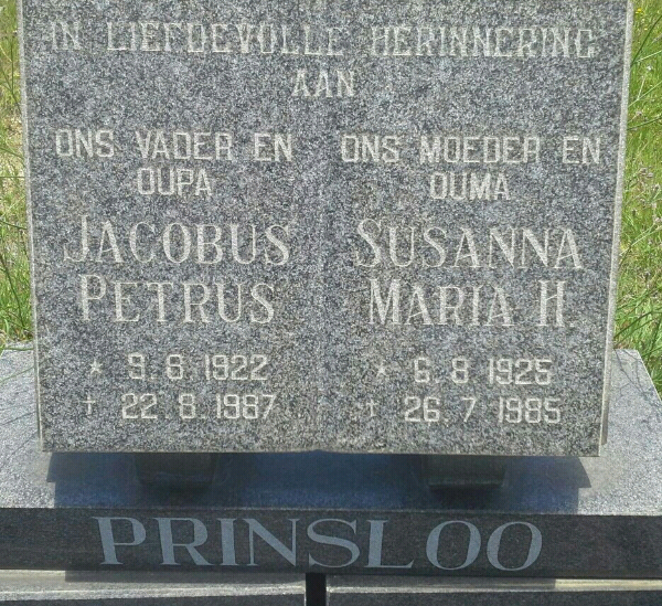 PRINSLOO Jacobus Petrus 1922-1987 &amp; Susanna Maria H. 1925-1985