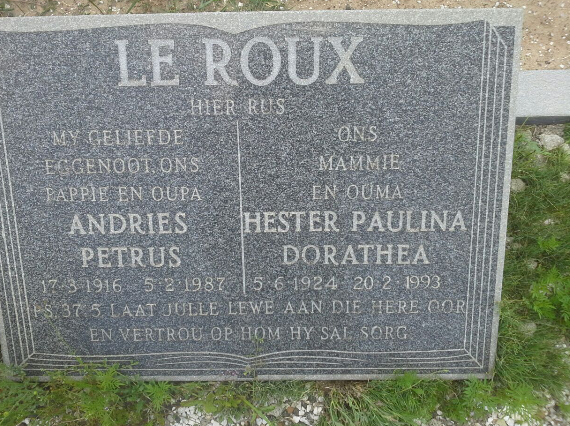 ROUX Andries Petrus, le 1916-1987 &amp; Hester Paulina Dorathea 1924-1993
