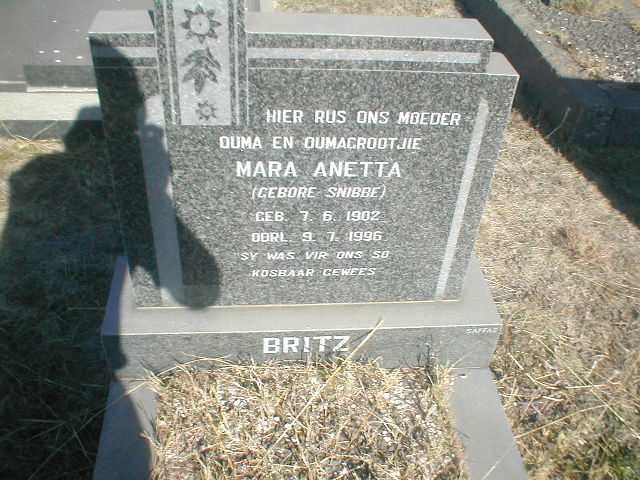 BRITZ Maria Anetta geb. SNIBBE 1902-1996