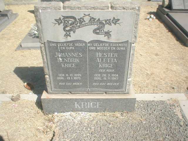 KRIGE Johannes Hendrik 1895-1973 &amp; Hester Aletta ROUX 1904-1967