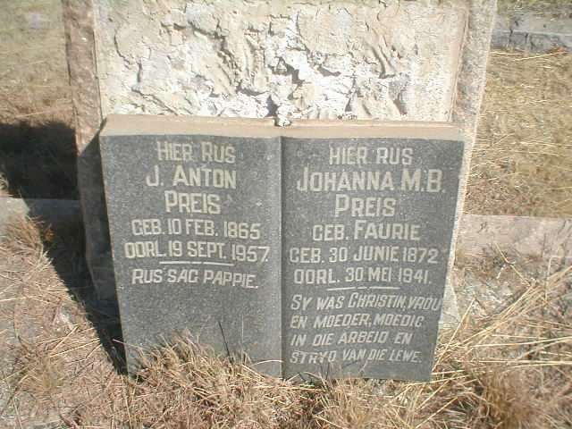 PREIS J Anton 1865-1957 &amp; Johanna M B FAURIE 1872-1941