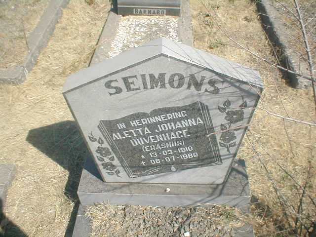 SEIMONS Aletta Johanna Duvenhage geb. ERASMUS 1910-1989