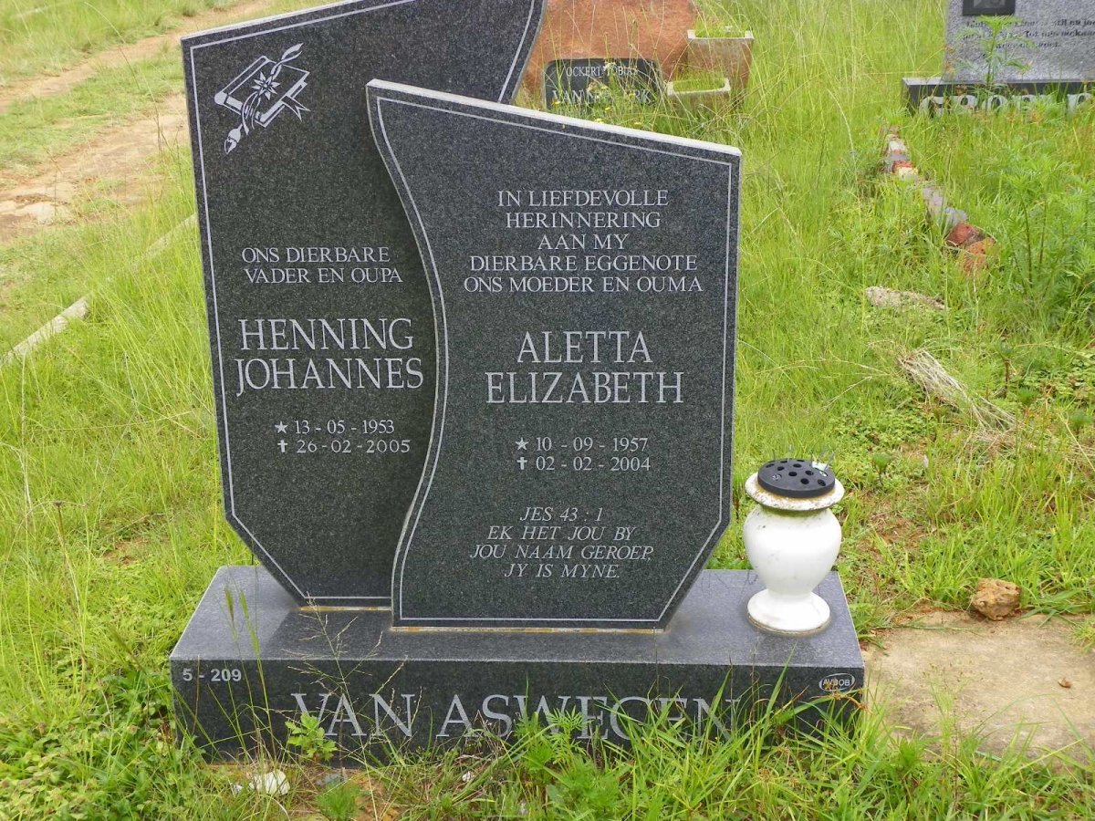 ASWEGEN Henning Johannes, van 1953-2005 &amp; Aletta Elizabeth 1957-2004