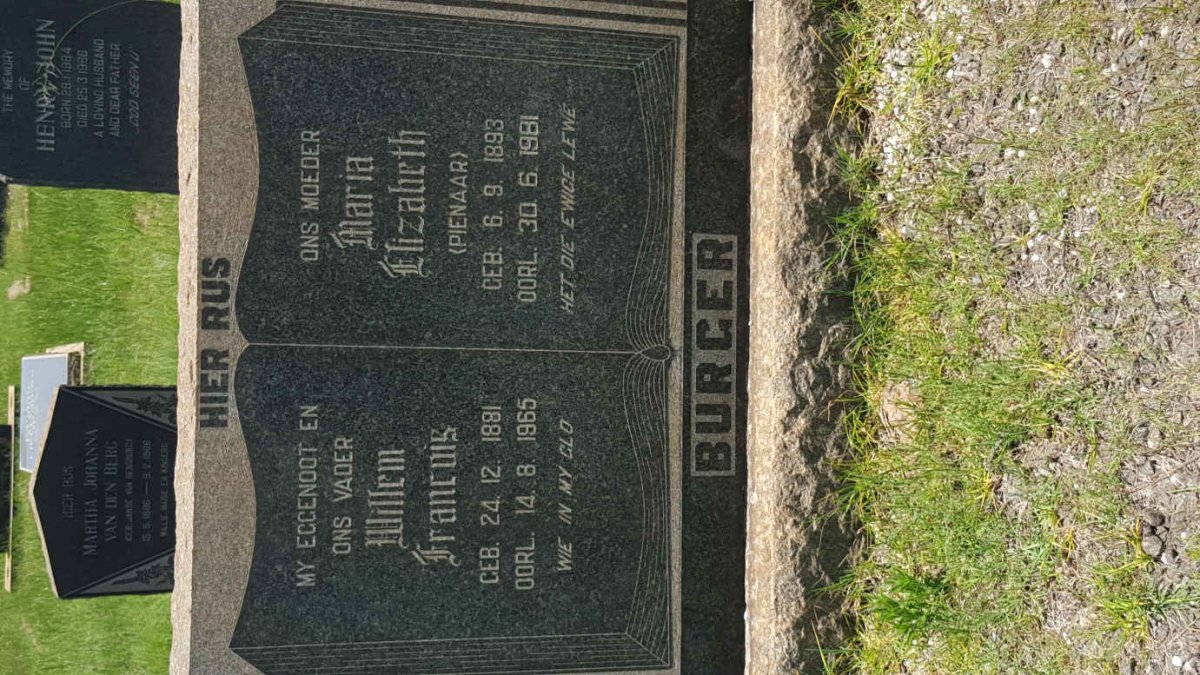 BURGER Willem Francois 1881-1965 &amp; Maria Elizabeth PIENAAR 1893-1981