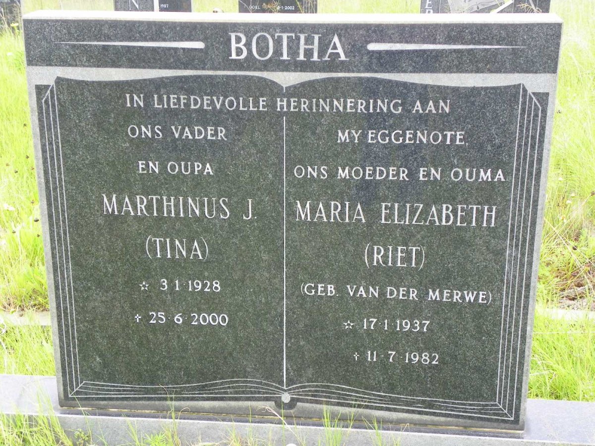BOTHA Marthinus J. 1928-2000 &amp; Maria Elizabeth VAN DER MERWE 1937-1982