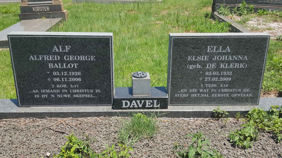 DAVEL Alfred George Ballot 1926-2006 &amp; Elsie Johanna DE KLERK 1932-2009