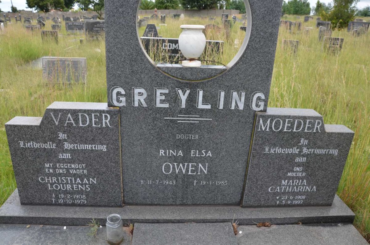 GREYLING Christiaan Lourens 1908-1979 &amp; Maria Catharina 1908-1997 :: OWEN Rina Elsa 1943-1985