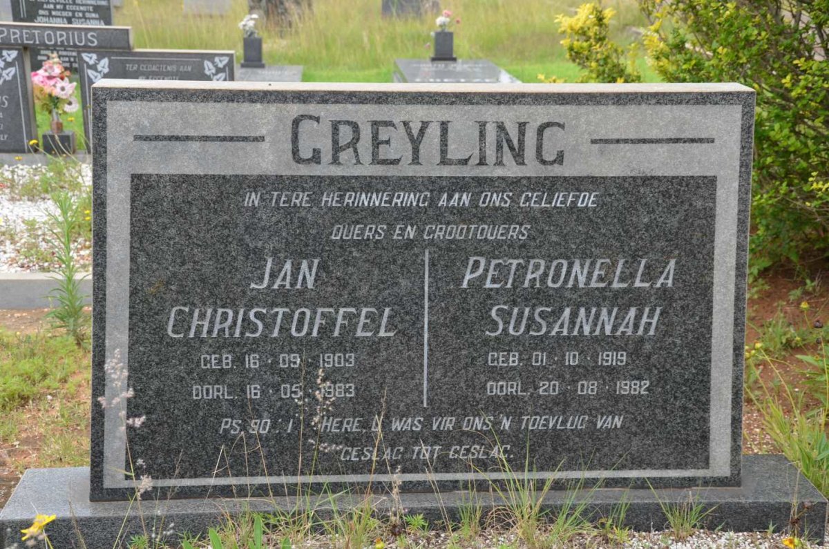 GREYLING Jan Christoffel 1903-1983 &amp; Petronella Susannah 1919-1982