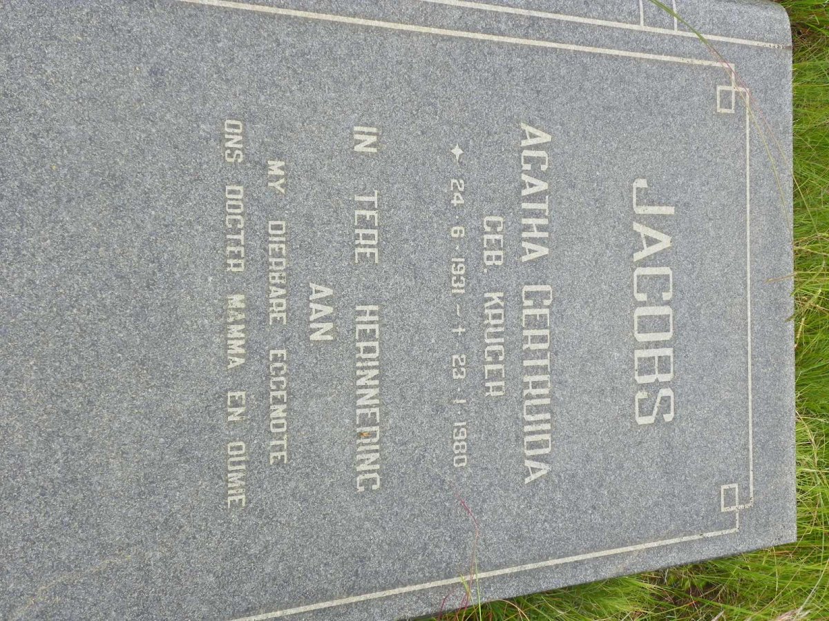 JACOBS Agatha Certruida nee KRUGER 1931-1980