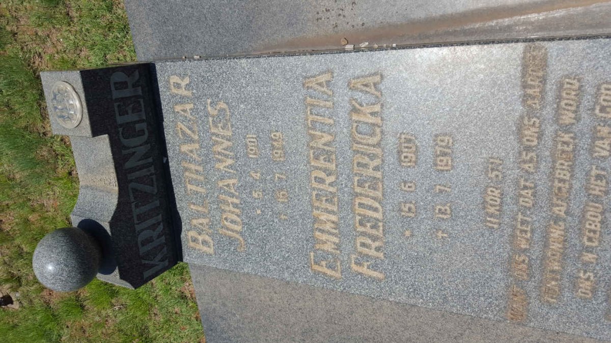 KRITZINGER Balthazar Johannes 1901-1949 &amp; Emmerentia Fredericka 1907-1979