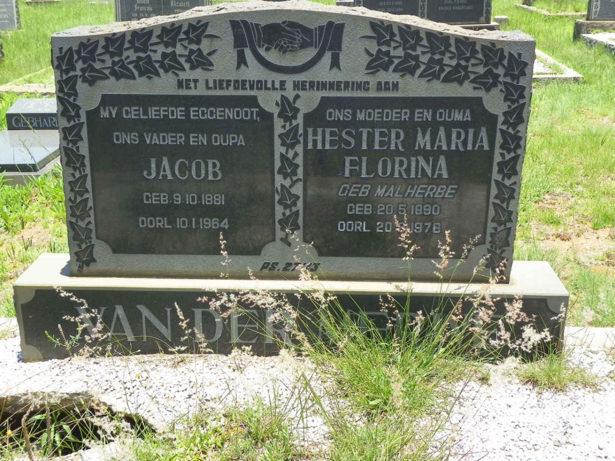 MERWE Jacob, van der 1881-1964 &amp; Hester Maria Florina MALHERBE 1890-1976