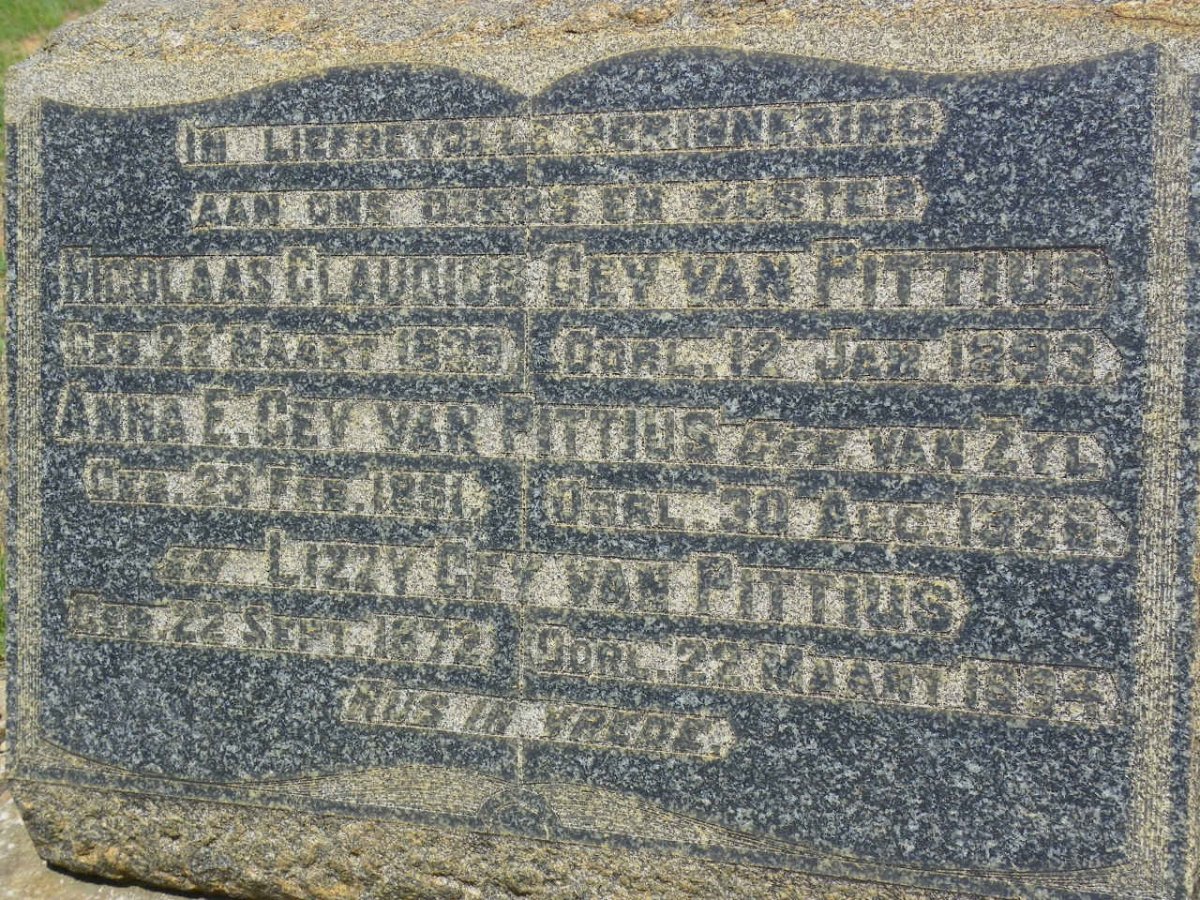 PITTIUS Nicolaas Claudius, Gey van 183?-1893 &amp; Anna E. VAN ZYL 1851-1926 :: GEY VAN PITTIUS Lizzy 1872-1894