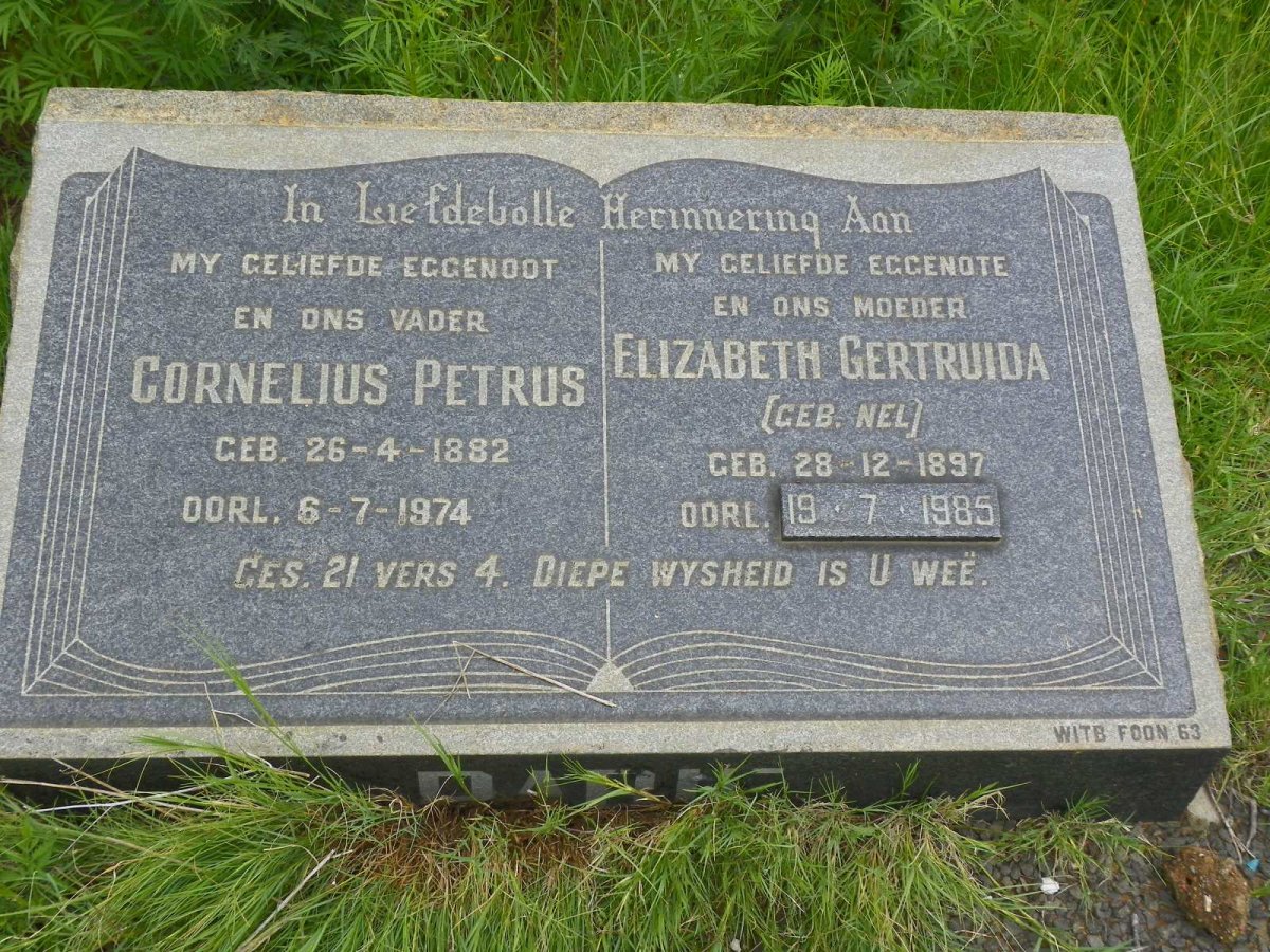 RABIE Cornelius Petrus 1882-1974 &amp; Elizabeth Gertruida NEL 1897-1985