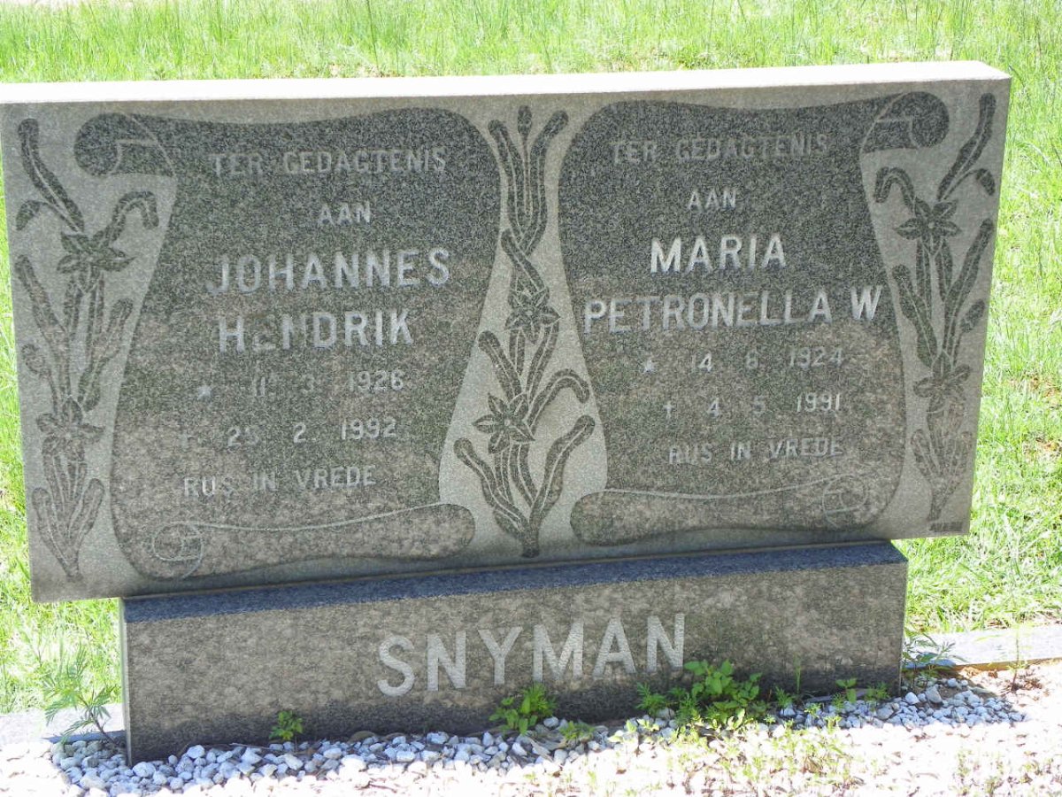 SNYMAN Johannes Hendrik 1926-1992 &amp; Maria Petronella W. 1924-1991