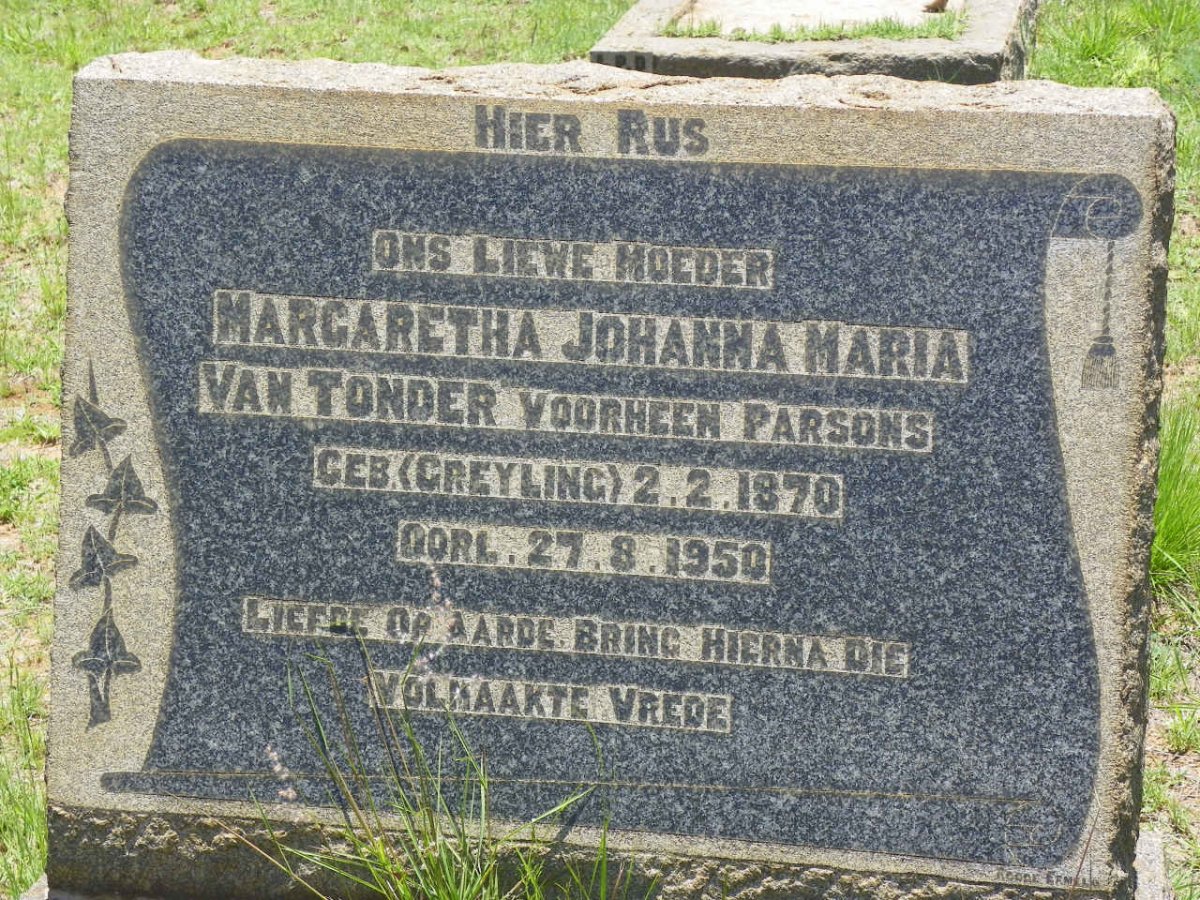 TONDER Margaretha Johanna Maria, van voorheen PARSONS nee GREYLING 1870-1950