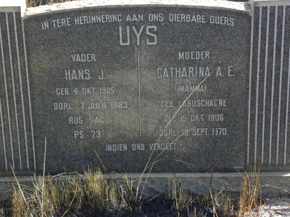 UYS Hans J. 1905-1983 &amp; Catharina A.E. LABUSCHAGNE 1906-1970