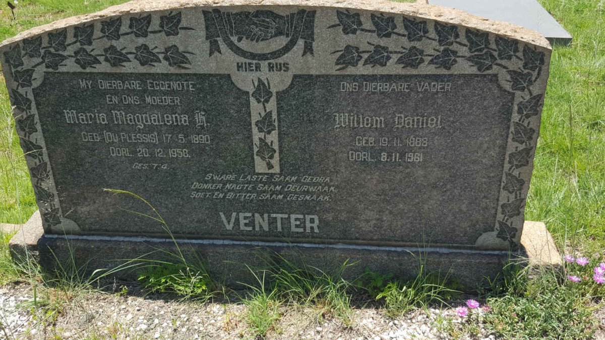 VENTER Willem Daniel 1883-1961 &amp; Maria Magdalena H. DU PLESSIS 1890-1958