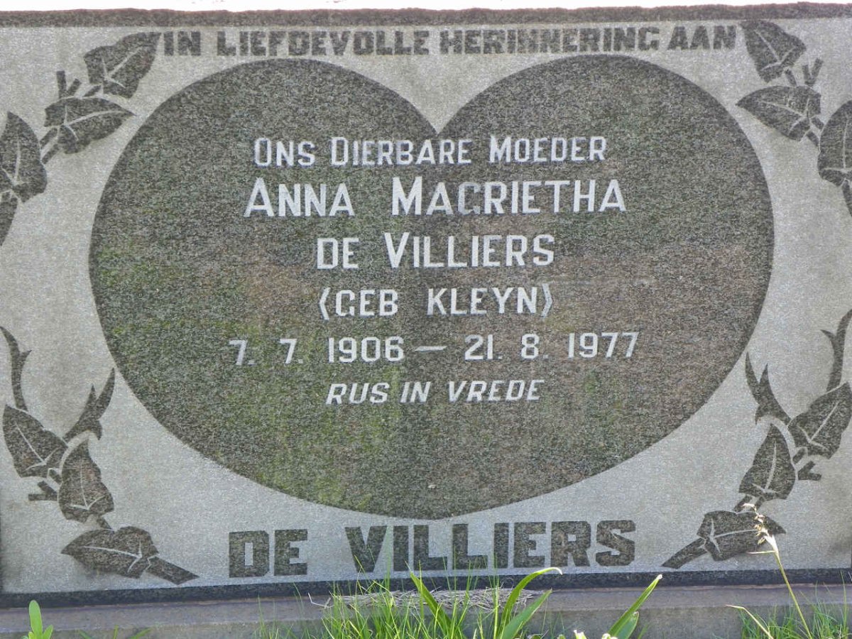 VILLIERS Charles B., de 1896-1956 &amp; Anna Magrietha KLEYN 1906-1977
