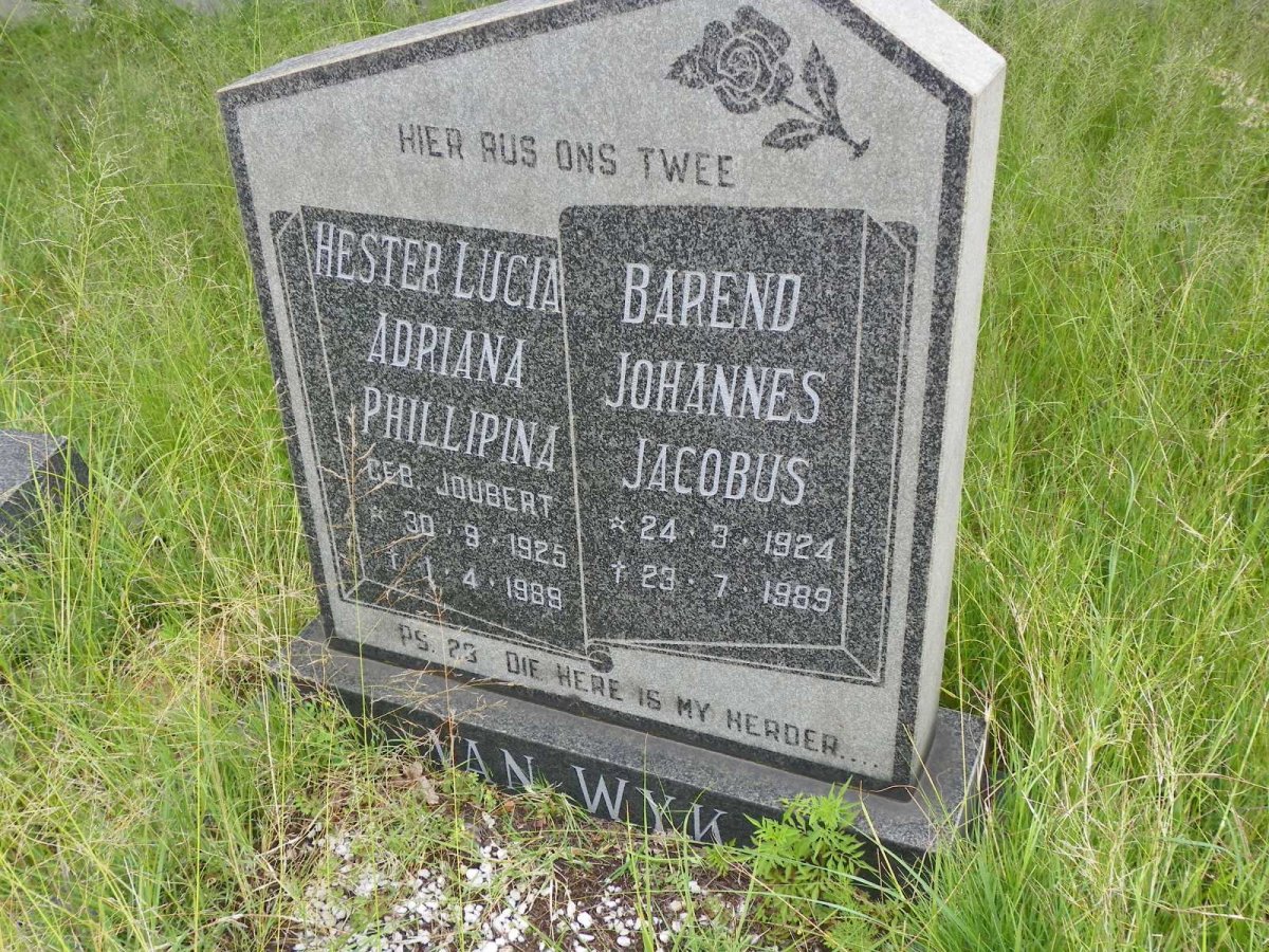 WYK Barend Johannes Jacobus, van 1924-1989 &amp; Hester Lucia Adriana Phillipina JOUBERT 1925-1989