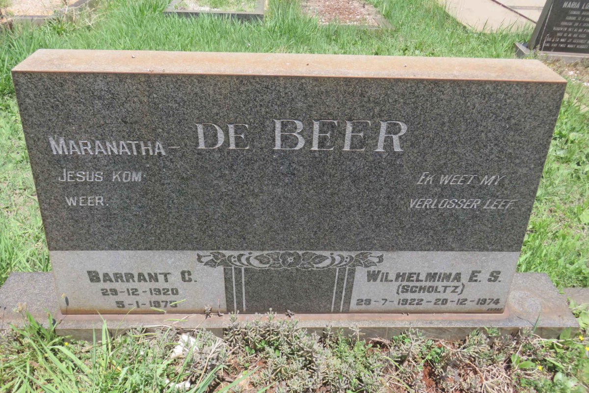 BEER Barrant C., de 1920-197? &amp; Wilhelmina E.S. SCHOLTZ 1922-1974