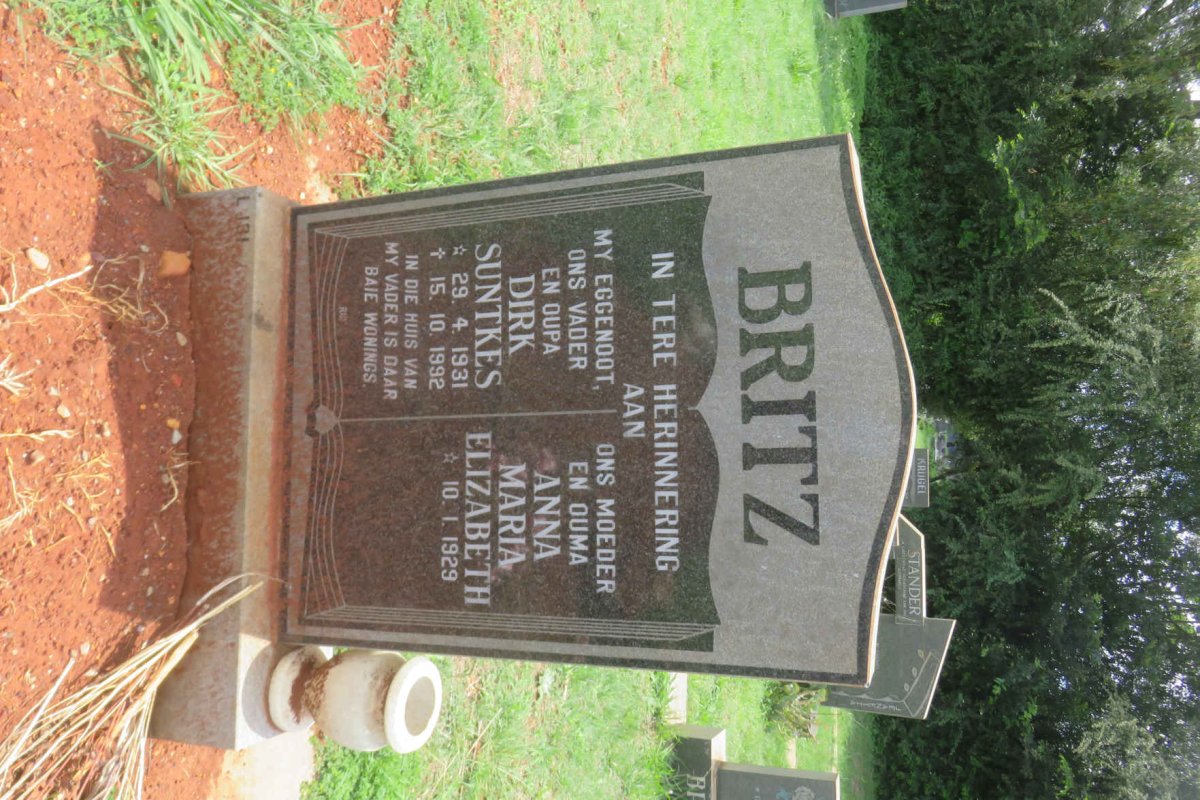 BRITZ Dirk Suntkes 1931-1992 &amp; Anna Maria Elizabeth 1929-