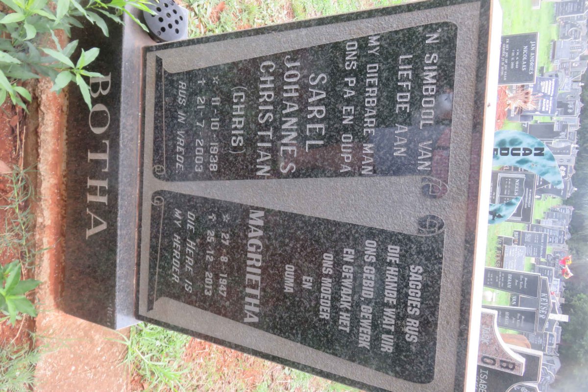 BOTHA Sarel Johannes Christian 1938-2003 &amp; Magrietha 1947-2013