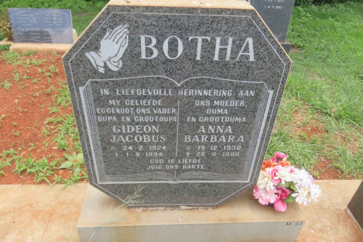 BOTHA Gideon Jacobus 1924-1994 &amp; Anna Barbara 1930-1996
