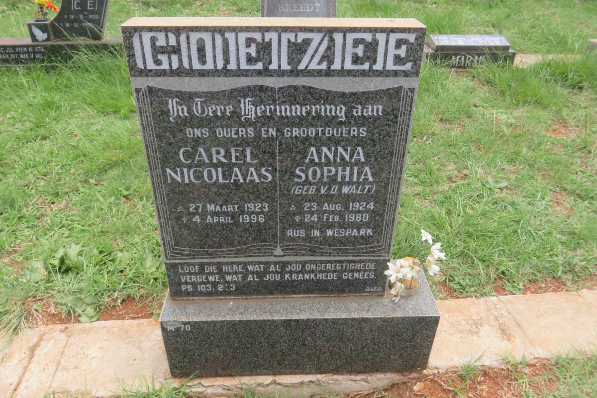 COETZEE Carel Nicolaas 1923-1996 &amp;  Anna Sophia  V.D. WALT 1924-1980