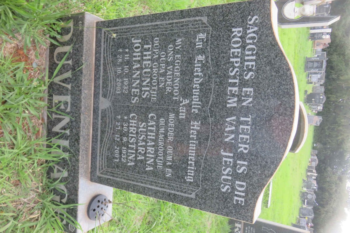 DUVENHAGE Theunis Johannes 1932-2003 &amp; Catharina Susara Christina 1932-2007
