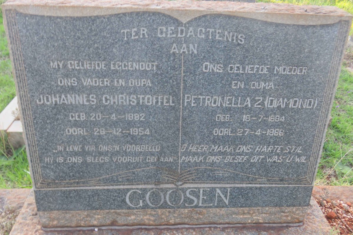GOOSEN Johannes Christoffel 1882-1954 &amp; Petronella Z. DIAMOND 1904-1966