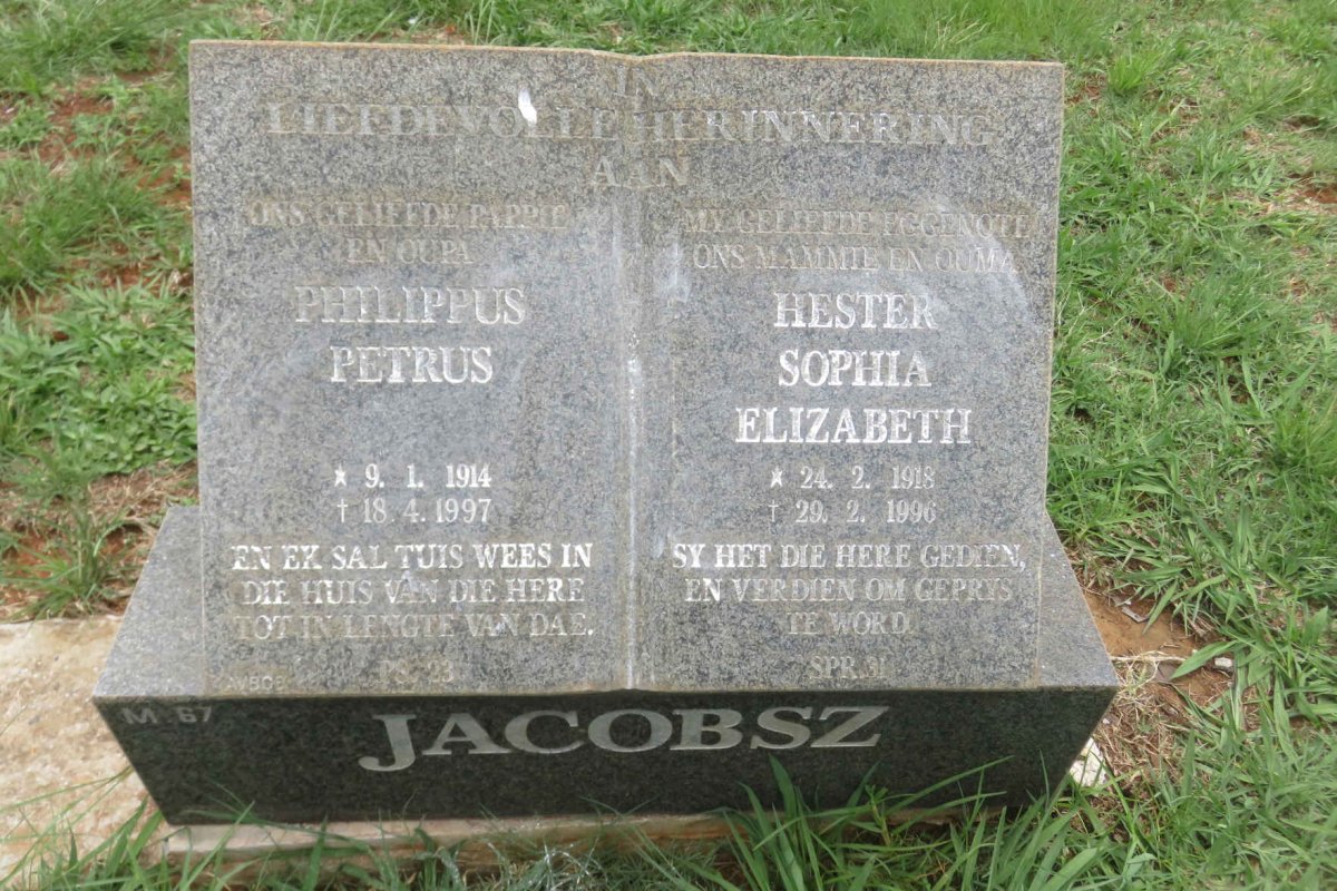 JACOBSZ Phillipus Petrus 1914-1997 &amp; Hester Sophia Elizabeth 1918-1996